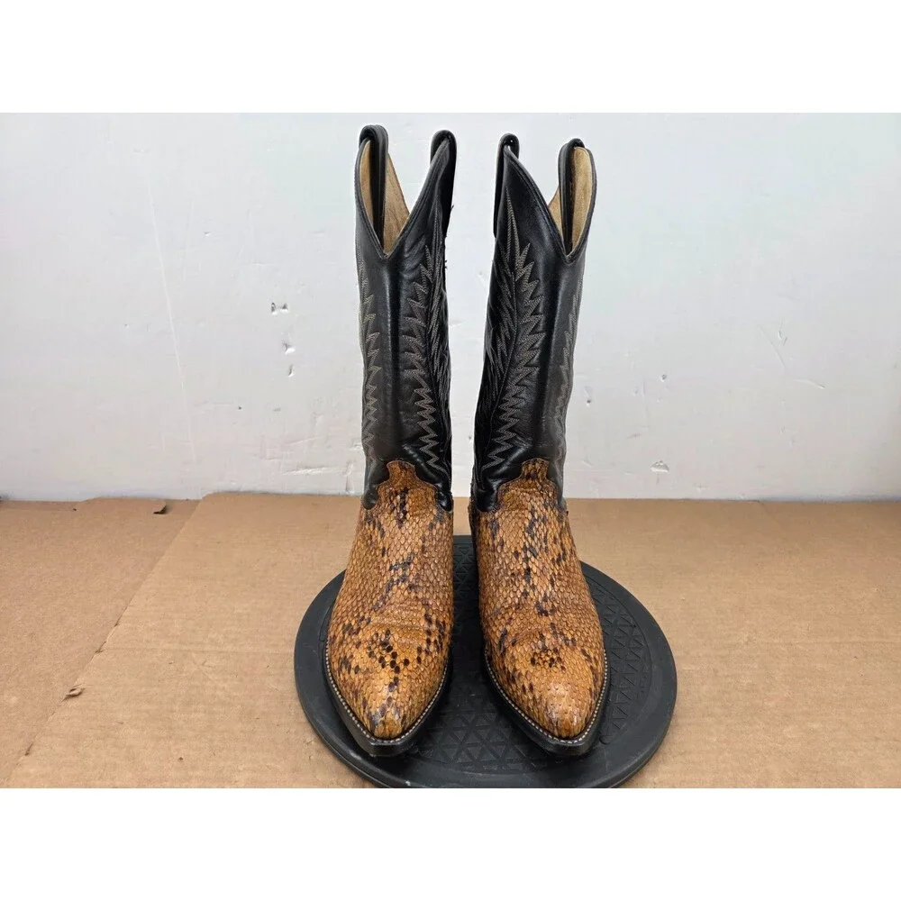J Chisholm Men's Western Cowboy Boots Brown Python and Leather Size 8.5D USA